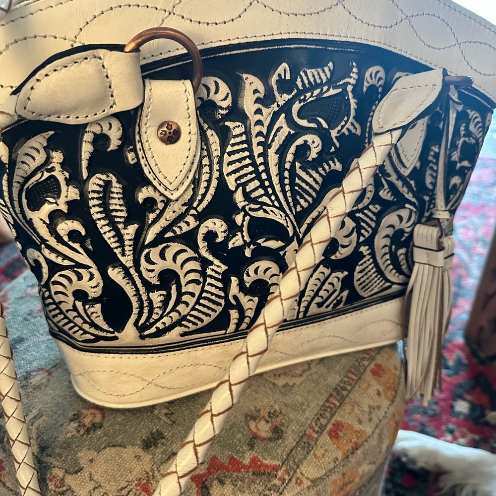 Patricia Nash Cream and Black Embossed Floral Tote with Braided Straps - Picture 2 of 11